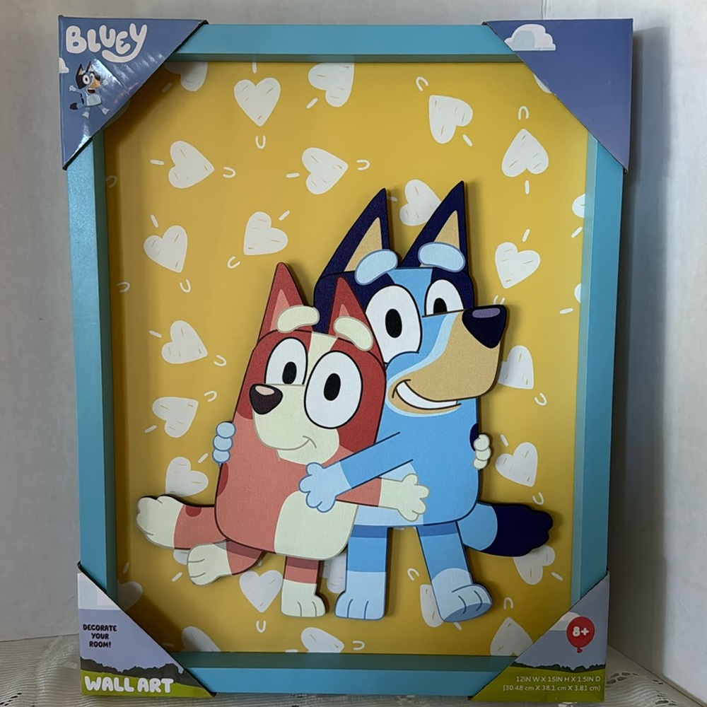 Bluey Wall Art Picture 3D Bluey & Bingo Hugging Hearts Background